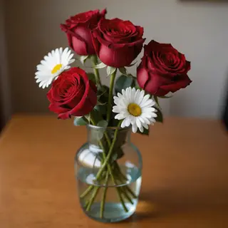4 red roses and 2 white daisies in a glass vase on a table