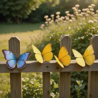 1 blue butterfly and 3 yellow butterflies resting on a garde