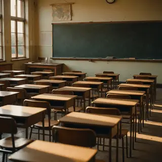 A classroom with desks and a chalkboard but no students