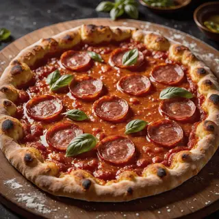 A pepperoni pizza with tomato sauce, basil, and crust but ab