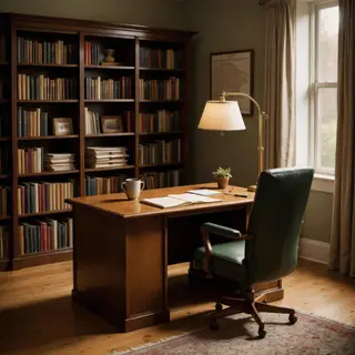 An office workspace with a desk, chair, bookshelf, and lamp 