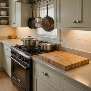 A kitchen with pots, pans, a stove, and a cutting board but 