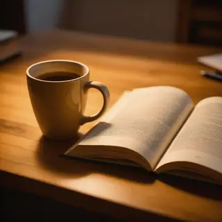 A coffee mug next to an open book on a desk