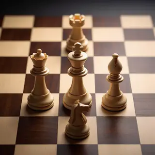 Five chess pieces on a board: a king in the center, a queen 