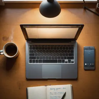 A desk scene: laptop in the center, coffee mug to the left, 