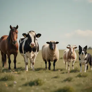 Five animals in a field: a horse on the far left, a cow to t