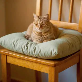 A cat sitting on a pillow, the pillow placed on a wooden cha