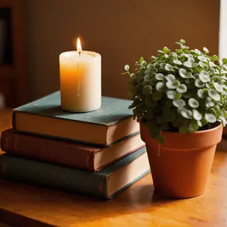 A candle on top of a stack of books, the books next to a pot