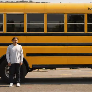 A person standing next to a yellow school bus, showing reali