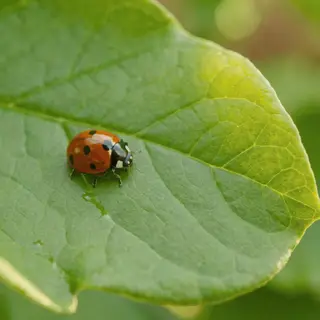 A ladybug sitting on a large green leaf, shown at realistic 