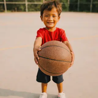 A child holding a basketball, both at correct relative sizes