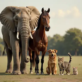 A group photo of an elephant, a horse, a dog, a cat, and a m