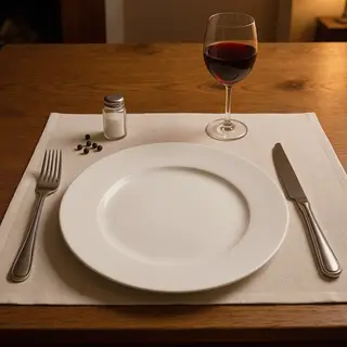 A dinner table scene with a plate, fork, knife, wine glass, 
