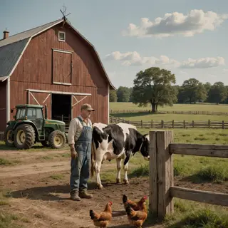 A farm scene with a barn, tractor, farmer, cow, chicken, and