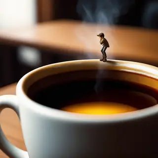 A tiny person standing on the rim of a coffee cup, looking d