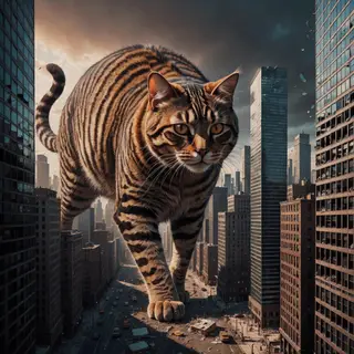 A giant tabby cat walking between city skyscrapers like a ka