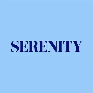 The word 'SERENITY' written large and centered on a solid li