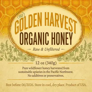 A product label for 'GOLDEN HARVEST ORGANIC HONEY' with subt