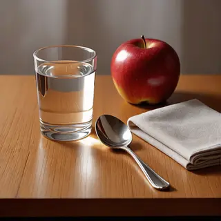 A still life on a wooden table featuring a clear glass of wa