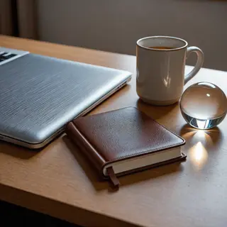 A workspace desk with a brushed aluminum laptop, a leather-b
