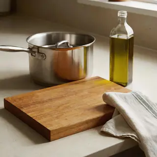 A kitchen counter with a stainless steel pot, a wooden cutti
