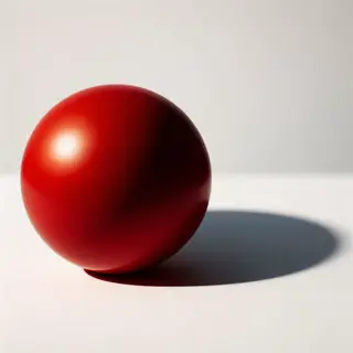 A red sphere on a white surface with a single shadow cast to