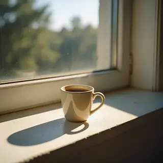 A coffee mug on a sunny windowsill casting a sharp shadow to