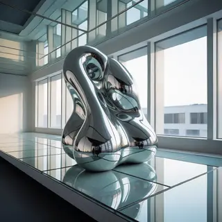 A chrome sculpture in a room with a glass floor and large wi