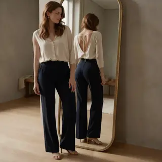 A woman standing in front of a full-length mirror, her refle