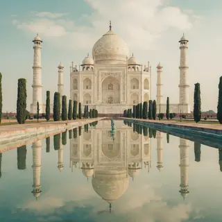 The Taj Mahal in Agra seen from the reflecting pool, with ac