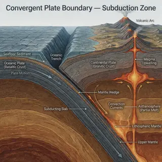 A cross-section showing tectonic plates at a convergent boun