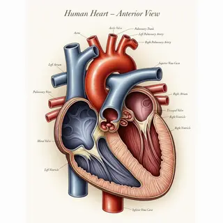 An anatomical illustration of the human heart showing four c
