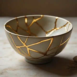 A Japanese kintsugi bowl — cracked ceramic repaired with vis