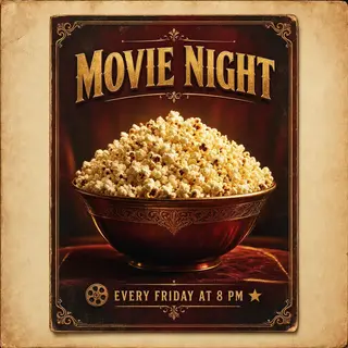 A movie night poster with a large popcorn image in the cente
