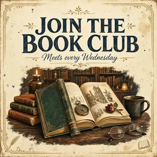 A book club poster with an open book illustration, the title