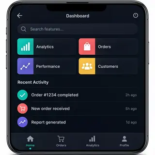 A mobile app UI mockup showing a dashboard with a top naviga