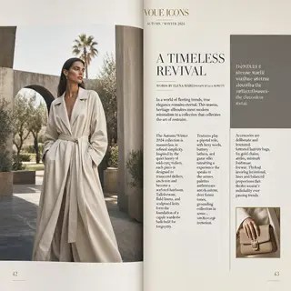 A fashion magazine spread with a full-bleed left-page photo,
