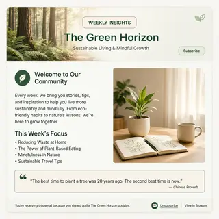 A newsletter layout with a banner image header, a two-column