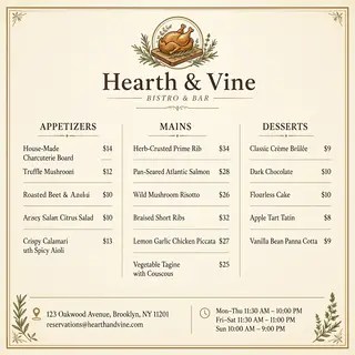 A restaurant menu layout with a logo header, three category 