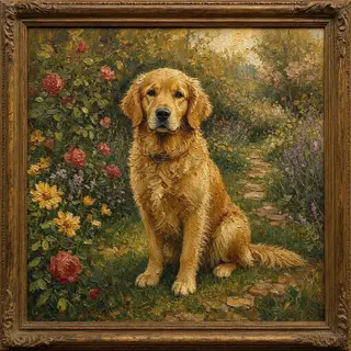 A golden retriever sitting in a garden, painted in the style