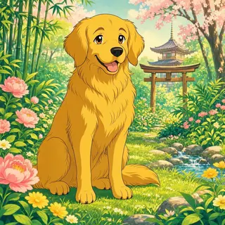 A golden retriever sitting in a garden, rendered in Japanese