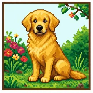 A golden retriever sitting in a garden, rendered in pixel ar