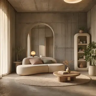 An interior scene rendered in soft brutalism — raw concrete 