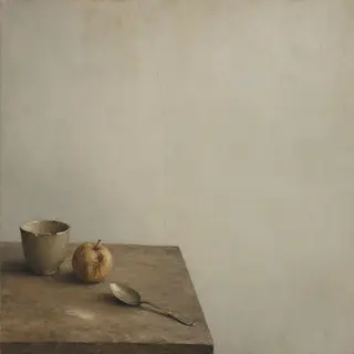 A still life painted in anxious minimalism — sparse composit