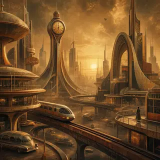 A cityscape rendered in nostalgic futurism — retro-futuristi