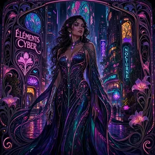 A woman in a futuristic city rendered in cyberpunk Art Nouve