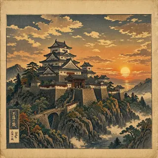 A medieval castle depicted in Japanese ukiyo-e woodblock pri
