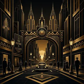A city street scene in the style of Art Deco — geometric sha
