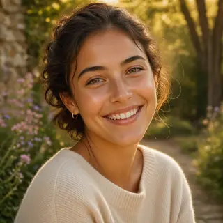 A close-up portrait of a young woman with a warm natural smi