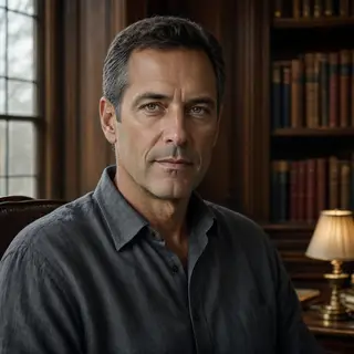 A portrait of a middle-aged man with a calm, serious express